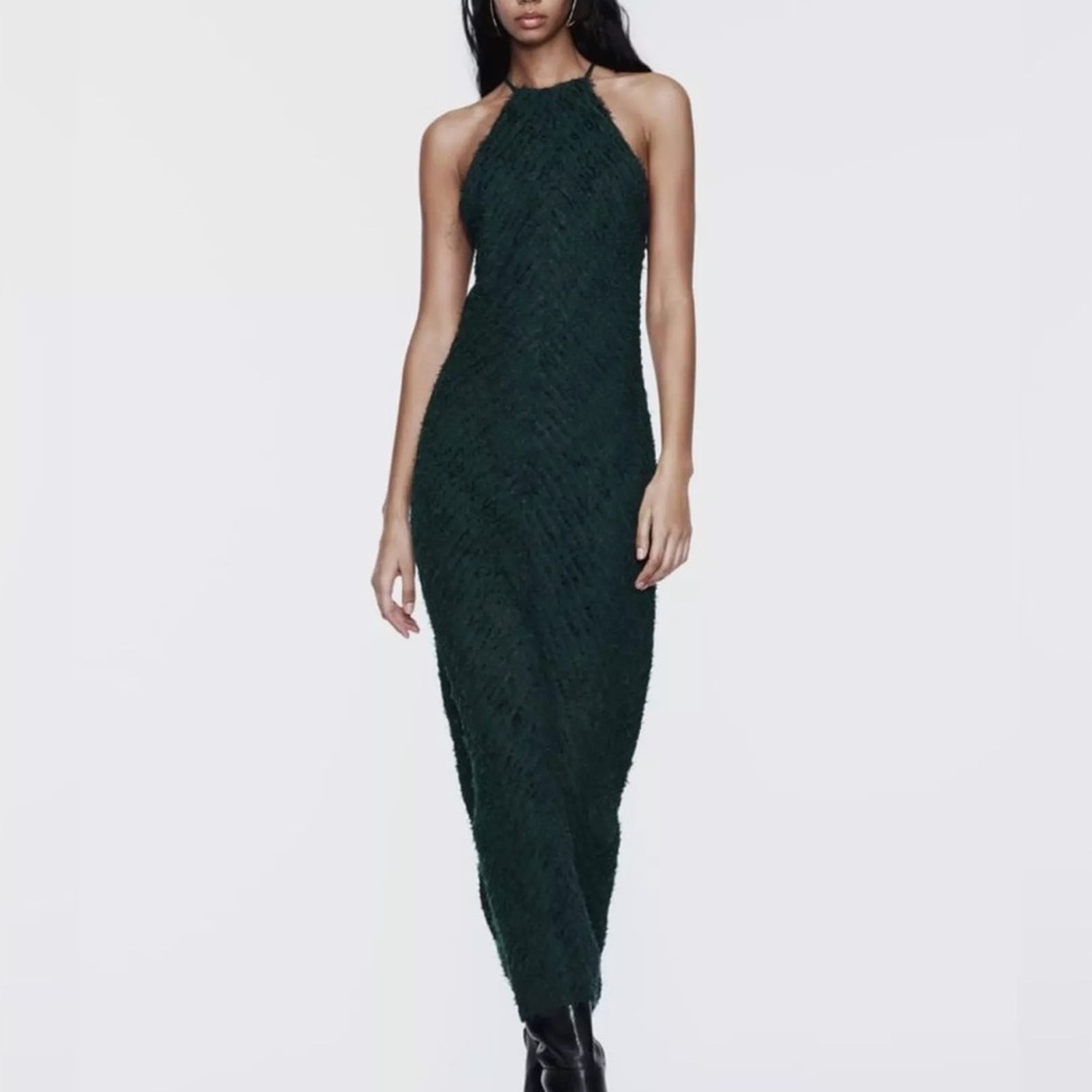 Zara HALTER DRESS WITH FRINGE. Bottle Green. Size S. New with Tags. - Picture 3 of 12